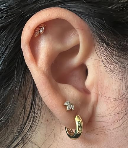 Threadless Flat Back Earrings, Hypoallergenic 14K Real Gold Plated CZ Leaf Stud Earrings | Cartilage Earring | Tragus Helix Piercing Jewelry | Push in Flatback Earrings for Women4