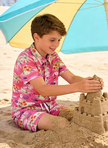 Image of UNICOMIDEA Boys Hawaiian Outfits Tropical Print Button Down Shirt + Swim Trunks 2 Piece Sets for 5-12T Kids