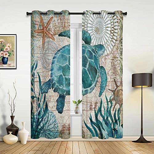 Sodika Window Treatment Set Room Curtains For Living Room,Kitchen,Laundry, Bedroom - Sea Turtle Ocean Animal Landscape 2 Drape Panels,40"X63" #TOP1