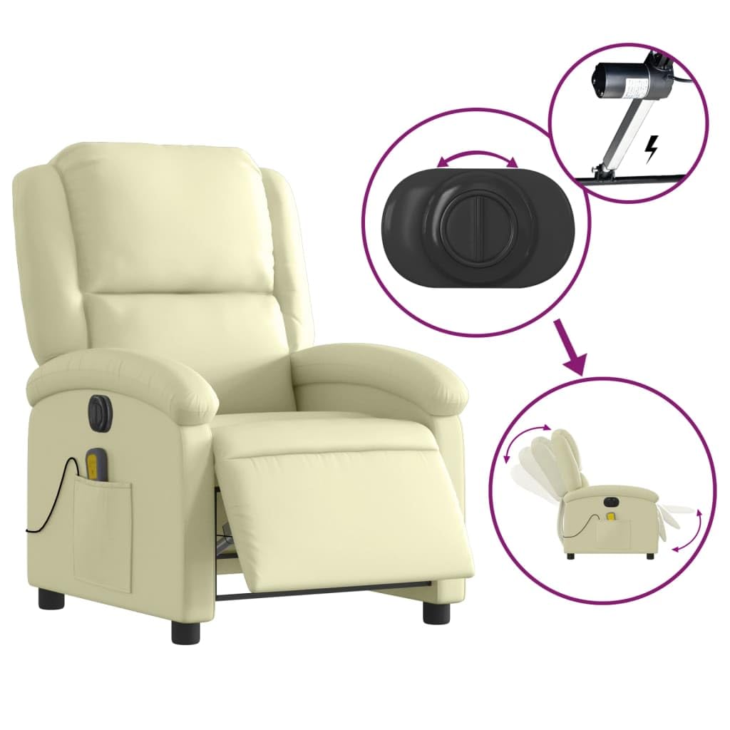 Massagesessel Elektrisch Creme Echtleder mit 6-Punkt-Vibrationsmassage und Elektromotor verstellbar bis 135 Grad, Holz Metall Gestell, bequemer Relaxsessel für Wohnzimmer Büro Lounge Ruhe