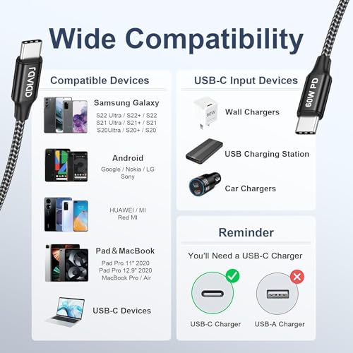RAVIAD Kabel USB C, krótki, 0,15 m, 2 sztuki, 60 W, kabel do ładowania USB C PD 3.0, kabel do szybkiego ładowania USB C na USB C, do iPhone 17, 16, 15, Samsung Galaxy S25 S24, Huawei, Pixel, MacBook