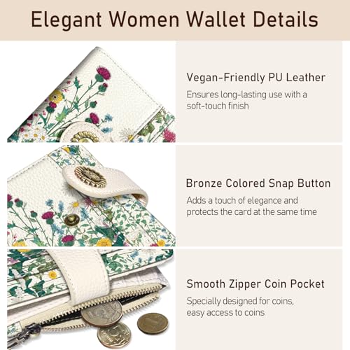 Image of Kelvoris Aesthetic Flower Floral Small Rfid Women Wallet Zipper Coin Pocket | Bifold PU Leather Compact Cash Credit Card Holder Travel Purse for Female Ladies Teen Girls 1 ID Window 10 Card Slots