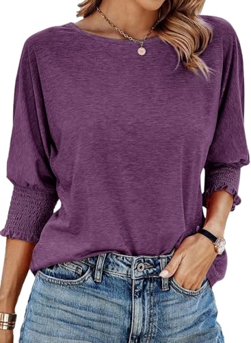 Dokotoo Womens Tops Crewneck T Shirts for Women 2025 Summer Business Casual Tops for Women 3/4 Sleeve Fall Ladies Tops and Blouses Basic Tee Tillandsia Purple