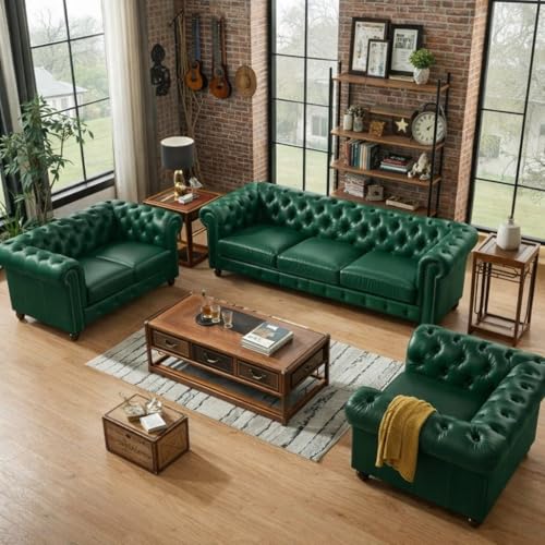 Image of Classic Leatherette Chester Sofa Set Button Tufted, Classic Style Sofa Set 3-Person Sofa for Living Room, Office, and Hallway Colour (Bottle Green, 3+2+1=6 Seater Sofa)
