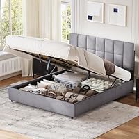 Besbed Ottoman Double Bed Frame with Stroage, 4FT6 Upholstered Double Beds Frame with Hydraulic and Adjustable Headboard,Line, Grey,(No Mattress) (135 x 190 cm)