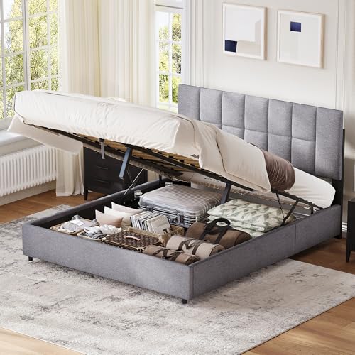 Besbed Ottoman Double Bed Frame with Stroage, 4FT6 Upholstered Double Beds Frame with Hydraulic and Adjustable Headboard,Line, Grey,(No Mattress) (135 x 190 cm)