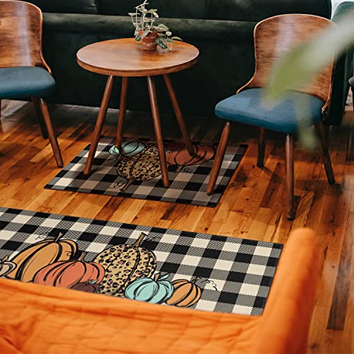Xsinufn Fall Pumpkins Decorative Kitchen Mat Set Of 2 Piece Buffalo Plaid Rug, Seasonal Autumn Thanksgiving Harvest Holiday Vintage Low-Profile Floor Rug 17"X47"+17"X30" #TOP5