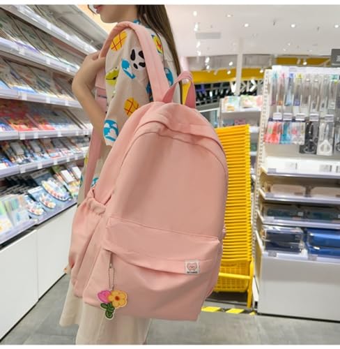 Aesthetic Backpack Pure Color Backpack Cute Canvas Kawaii Backpack Large Capacity Casual Travel Daypacks (Pink)2