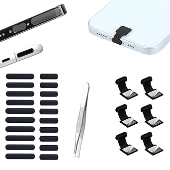 MAK Type C Charging Port Adhesive Dust Protection Caps Dust Plugs Black (6Pc) with Dustproof Net Stickers for Speaker Mesh Combo (10S+10L), Free Forceps, Compatible with Mobile, Tablet (Combo)
