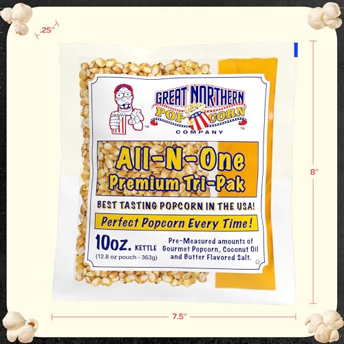 Image of 10oz Popcorn Machine Popcorn Packets - All-in-One Movie Theater Style Popcorn Kernels, Salt, and Oil Packs by Great Northern Popcorn (12 Pack)
