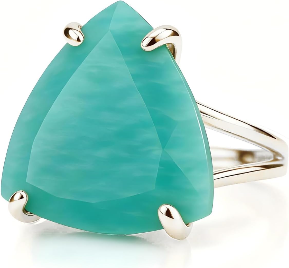 Amazonite Trillion Cut Yellow Gold Ring – 14k Gold Gemstone Jewelry for Women – Handmade Aqua Blue Statement Ring – Natural Amazonite Jewelry