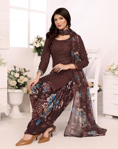 Image of Yashika Women's Printed Dress Material - Unstitched Crepe Fabric Kurti, Pants & Dupatta Set (AZ-YS-P4-COFFEE FLOWER)