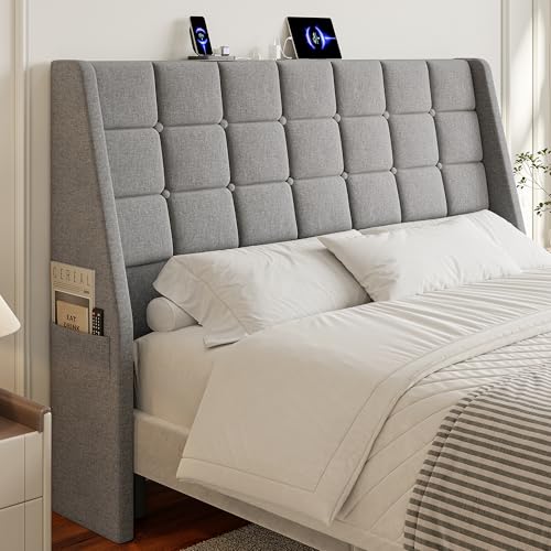 Image of Queen Size Headboard with Charging Station, Wingback Ergonomic Headboards | Wingback Upholstered Bed Head Board with Storage Pocket, Sturdy Stable Solid Wood Headboard, Bed Frame Adapters, Light Grey