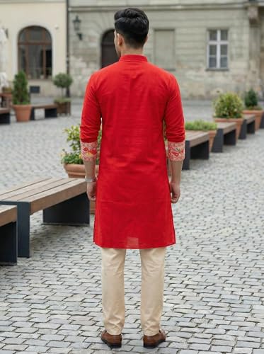 Image of Men's Jamdani Printed Kurta Pajama Set | Pure Cotton Ethnic Kurta with Mandarin Collar & Dupion Silk Pyjama | Festive & Weddings 303A12A 303SB12B(M XXL)
