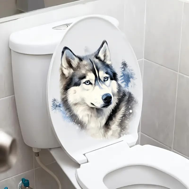 Wolf Pattern Toilet Cover Sticker Decals,Fish Bird Flower Leaf Waterproof Toilet Lid Tank Seat Decals Cistern Self-Adhesive Bathroom Wall Sticker