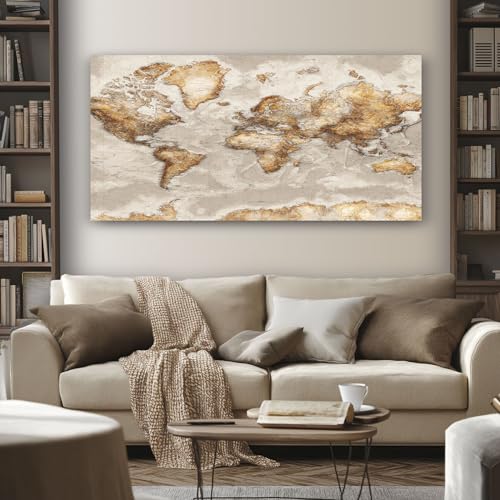 Tableau decoration murale carte du monde vintage grande affiche sur toile 80x120 cadre bois