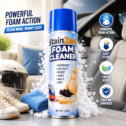 Image of StainZero Foaming Interior Cleaner 500ml | Powerful Foam Formula for Car Dashboard, Seats, Helmet, Shoes, Walls. Upholstery, Fabric, Vinyl, Plastic & Leather | Removes Dirt, Dust & Stains