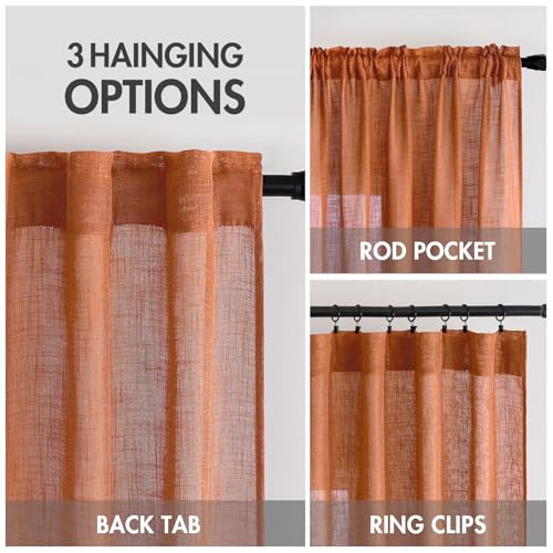 MIULEE Orange Curtains 96 Inch Length 2 Panels for Bedroom Living Room, Soft Thick Linen Textured Window Drapes Semi Sheer Light Filtering Back Tab Rod Pocket Burlap Look Fall Boho Decor