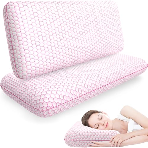 Memory Foam Pillows for Side, Back and Stomach Sleepers, Set of 2, Bed Pillow with Washable Cover and Breathable Mesh, Bed Pillow for Sleeping (Pink,King Size)