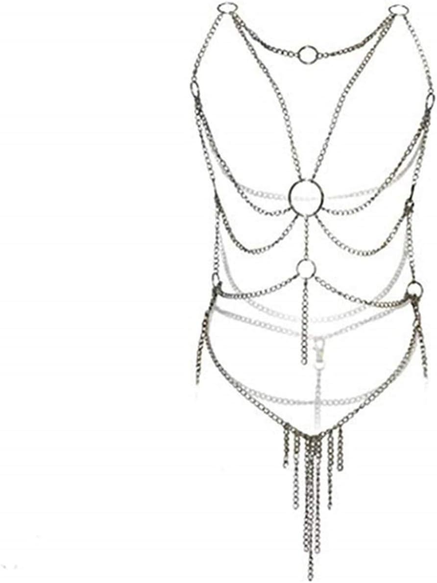 Women's Lingerie Chain Set Cross Enticing Tassel Body Link Harness Metal Chain Set Metallic