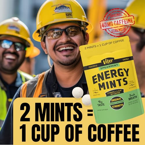 Image of Viter Energy 40mg Caffeine Mints - Sugar Free, B Vitamins, Vegan, Boosts Fast Energized Alert Focus, Caffeinated Nootropic Supplement Pills (Spearmint Flavor, 8oz, Bulk Bag)