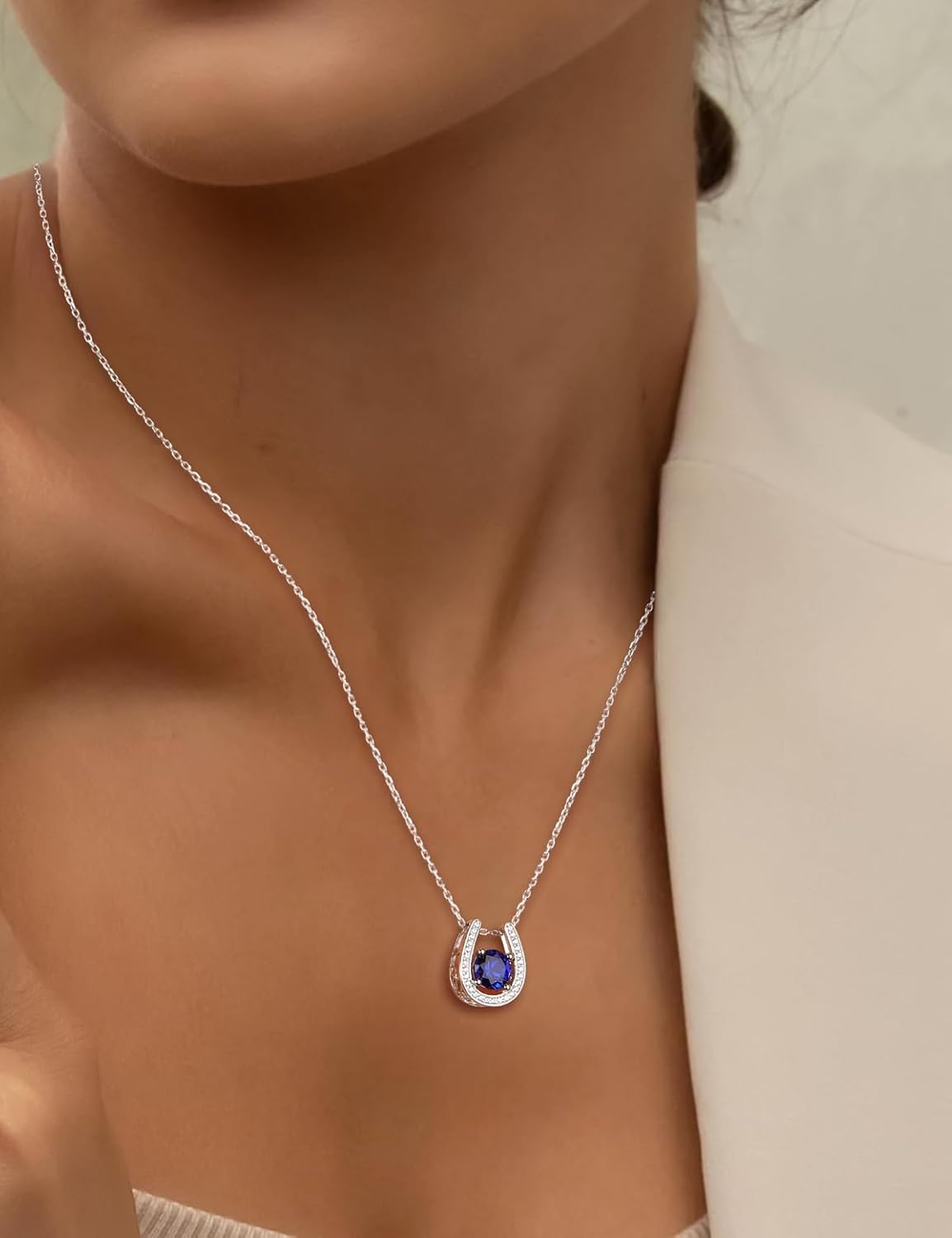925 Sterling Silver Horseshoe Necklace for Women Round Gemstone Birthstone Necklace Sapphire/Emerald/Ruby/CZ Horse Shoe Pendant Necklaces Jewelry Gift - Image 2