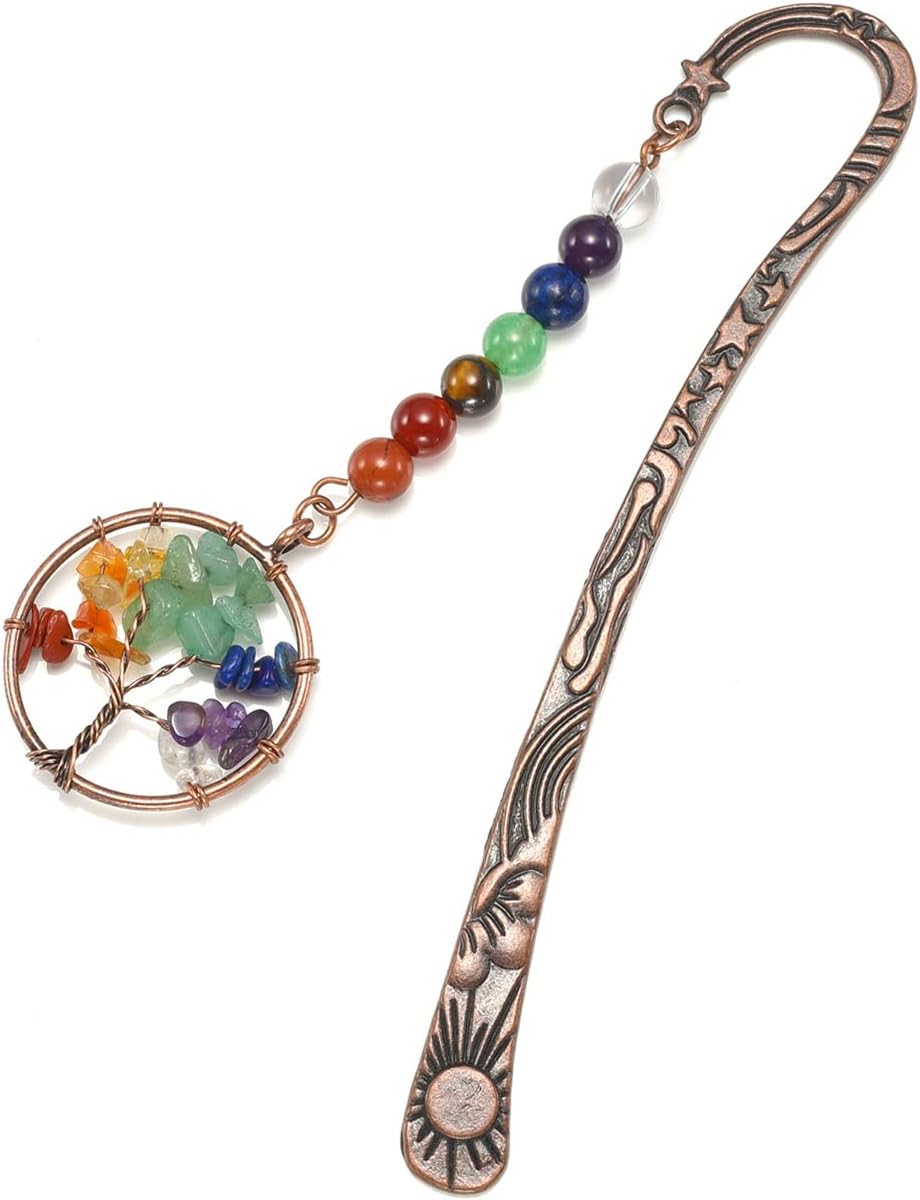 Top Plaza Unique Vintage Metal Bookmark Religious Bronze Star Sun Moon Bookmarks with 7 Chakra Crystals Healing Stone Beaded Tree of Life Pendant Mothers Day Mom Gifts