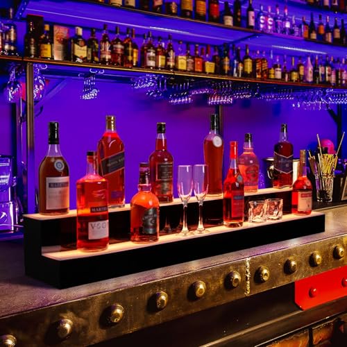 LED Lighted Liquor Bottle Display,2 Tiers 48in LED Liquor Shelf with Remote & App Control,Bottle Shelf with 16 Colors,4 Modes,Multi-Color Lighting Modes for Bars