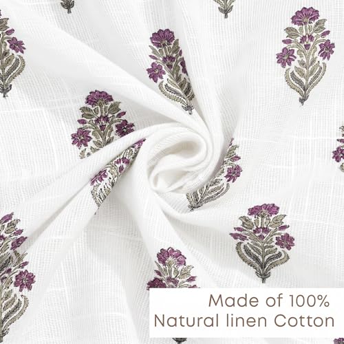 Image of LINENWALAS Decorative Cotton Linen Sheer Curtains 5 Feet for Window -Block Printed Door Curtain | Grommet Hanging Style Pack of 2 Panels |Light Filtering Sheer Drapes (Lavender Sage)