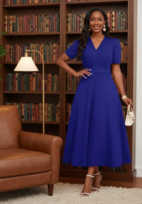 Image of MarryUP Women's Midi Dresses - V Neck Cocktail & Church Tea Dresses - Short Sleeve A-Line Swing Dress