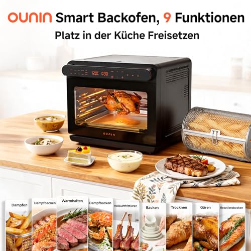 OUNIN Dampfbackofen 24L, 9-in-1 Backofen Freistehend, Platzsparendes, LED Display Backofen zum Dämpfen, Heißluftfrittieren, Toasten, Braten, Backen, Aufwärmen, Dörren und Fermentieren, Edelstahl