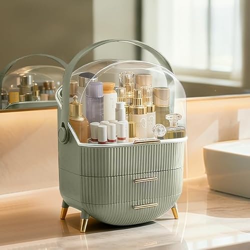 ilus Makeup Storage Organizer with Drawers, Cosmetics Storage Box with Transparent Cover & Handle – Large Capacity, Portable Skincare Storage for Vanity, Bathroom & Countertop (Light Green)