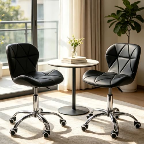Chaise de Bureau Noir Motif Losange, Fauteuil Pivotant Réglable et Roulettes Silencieuses, Siège Confortable PU pour Bureau, Chambre, Salle à Manger, Dossier Rembourré, Style Élégant(2 billets)
