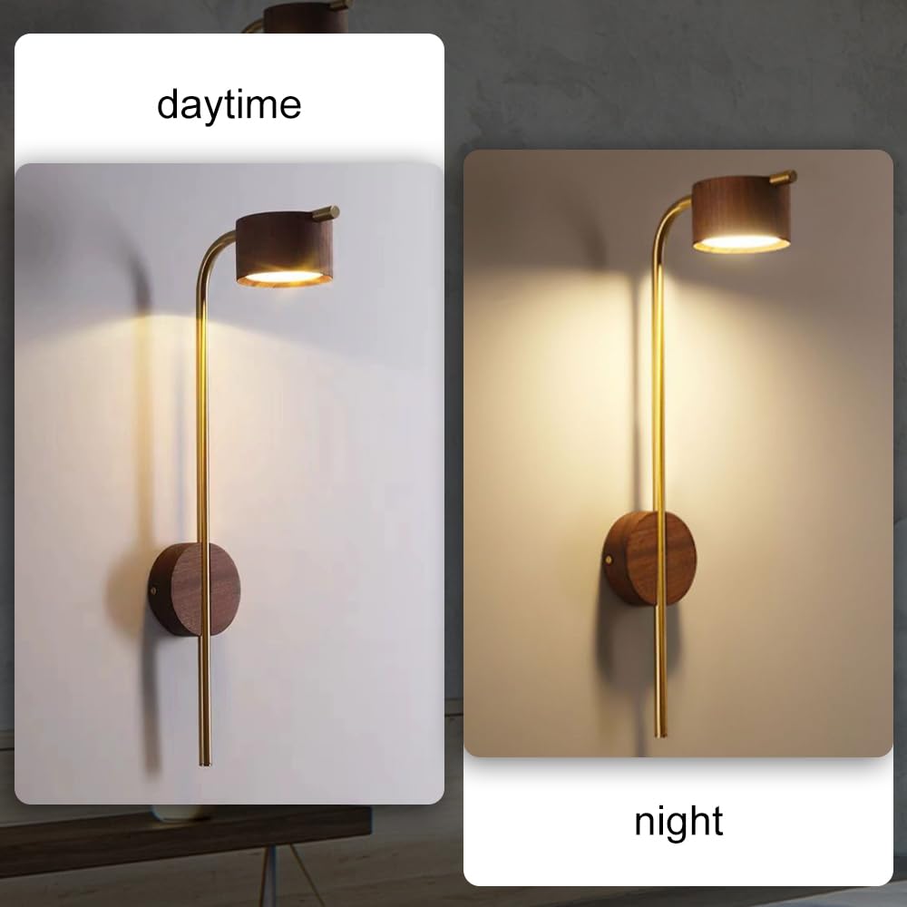 Lampada da Parete in Legno Nordico, Applique da Parete con palo Lungo in Ottone Dorato, Applique da Parete Vintage in Noce cablate, Lampada da Lettura a Parete per Comodino, Camera da Letto, sogg