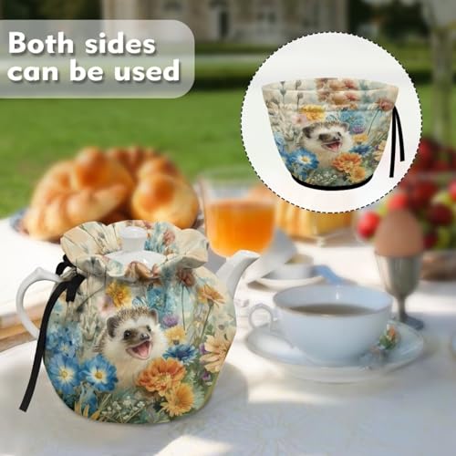 Image of Tea Cosy for Teapot Insulated Hedgehog Flower Print Tea Pot Cozy Cover Portable Insulated Teapot Dust Cover with Drawstring, Brown