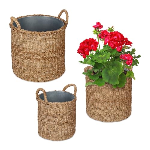 Relaxdays Pflanzkorb mit Zinkwanne 3er Set, Verschiedene Größen, Pflanzgefäß Seegras, Garten & Balkon, Kübel rund, Natur