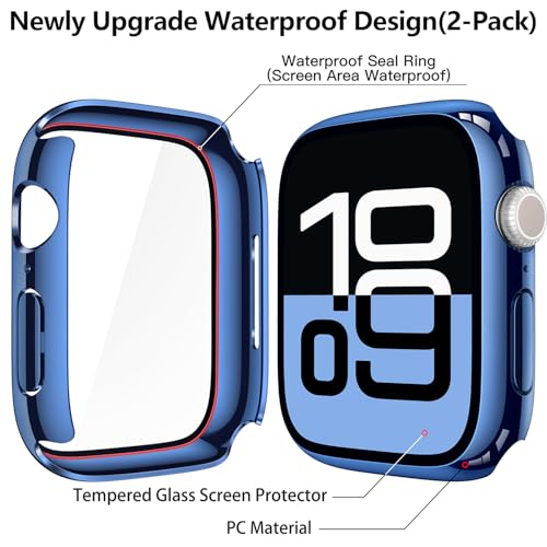 Image of Misxi [2 Pack] Waterproof Hard Case with Tempered Glass Compatible with Apple Watch Series 11 (2025) Series 10 42mm, Overall Protective Cover for iWatch Screen Protector, 1 Blue + 1 Transparent