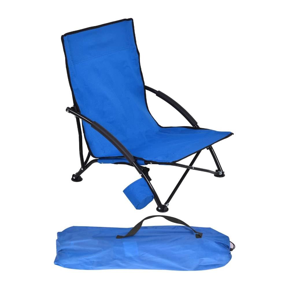 HomlyPro Low Folding Beach Chair, Pack of 2 - Portable Lightweight Camping Chair with Padded Armrest and Cup Holder, Convenient Carry Bag & High Mesh Backrest, Ideal for Picnic and Fishing (Blue)