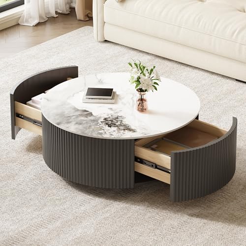 Round Coffee Table with Storage, Modern Movable Coffee Table with Marble Patter Sintered Stone Top and Wheels, Grey