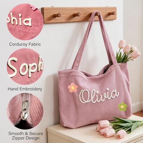Bolso Tote de Pana Personalizado para Mujer con Flor y Cierre miniatura 6