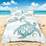 MOVE OVER Sea Turtle Comforter Set Queen Size Coastal Bedding Set for Boys Girls Teens 4 Pieces Sea Turtle Bedding Set for Room Decor Teal Tortoise Pattern Ocean Beach Themed Bedding Set for Summer