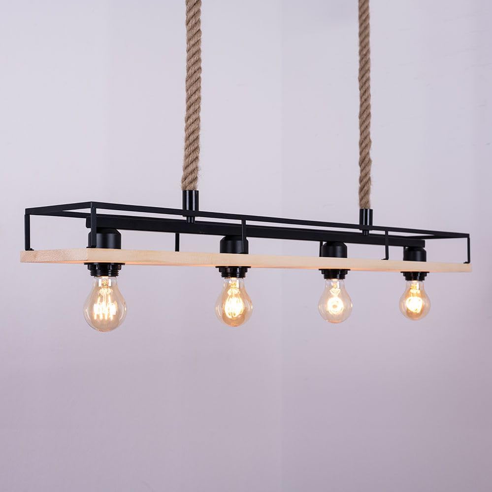 Hängelampe Holzleuchte Deckenleuchte Wohnzimmer Pendelleuchte mit Hanfseil, Metallrahmen mit Ablage schwarz, 4x E27, LxH 95x120 cm
