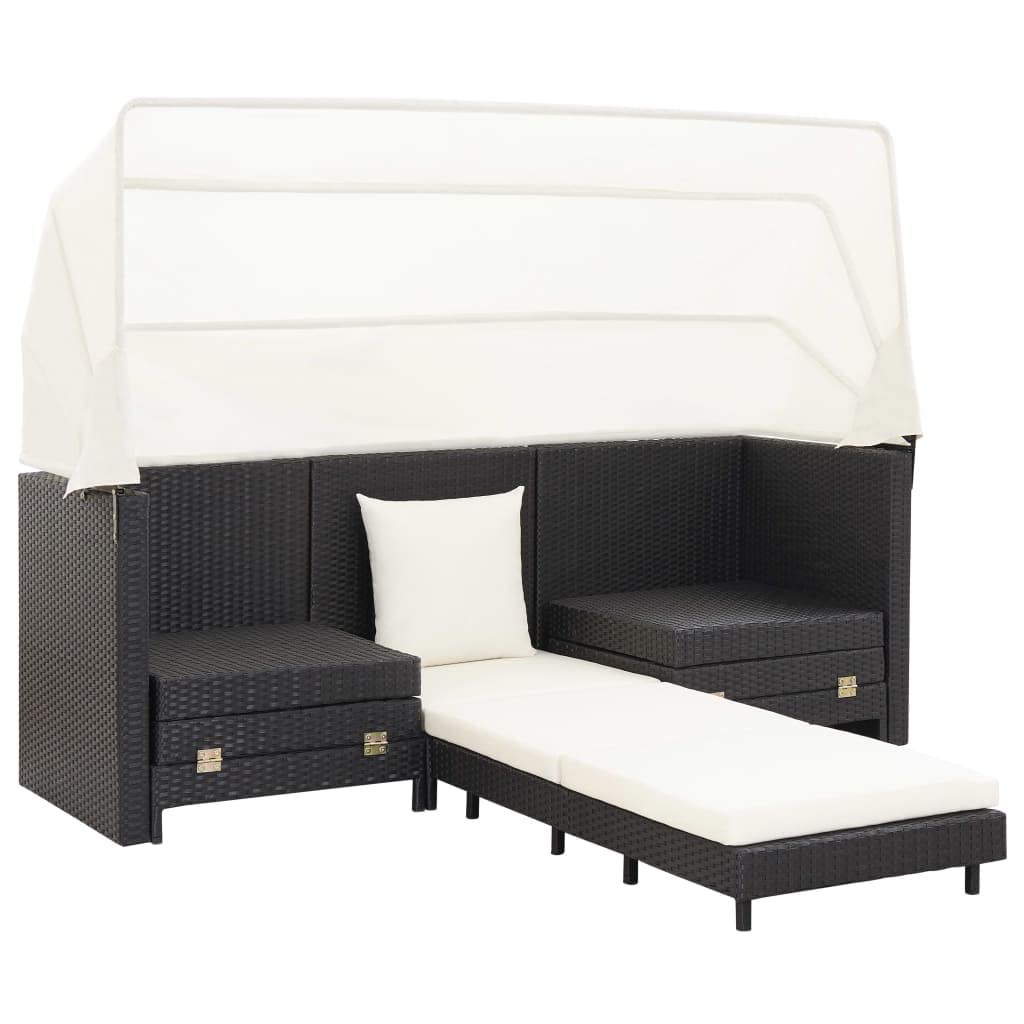 vidaXL Schlafsofa Ausziehbar 3-Sitzer mit Dach Sonnenliege Gartenliege Sofa Liege Gartenmöbel Gartensofa Gartenbank Poly Rattan Schwarz