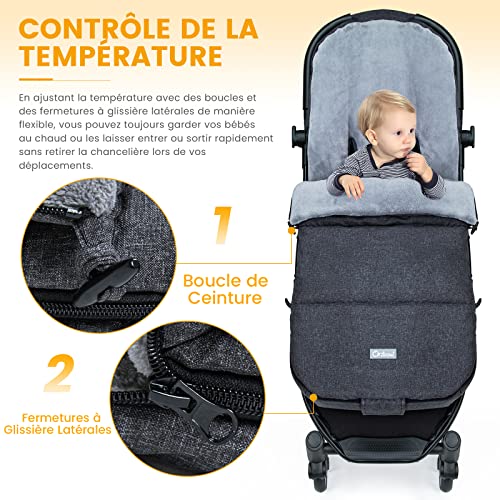 Chancelière bébé poussette imperméable avec zip ajustable et sac de rangement, noir