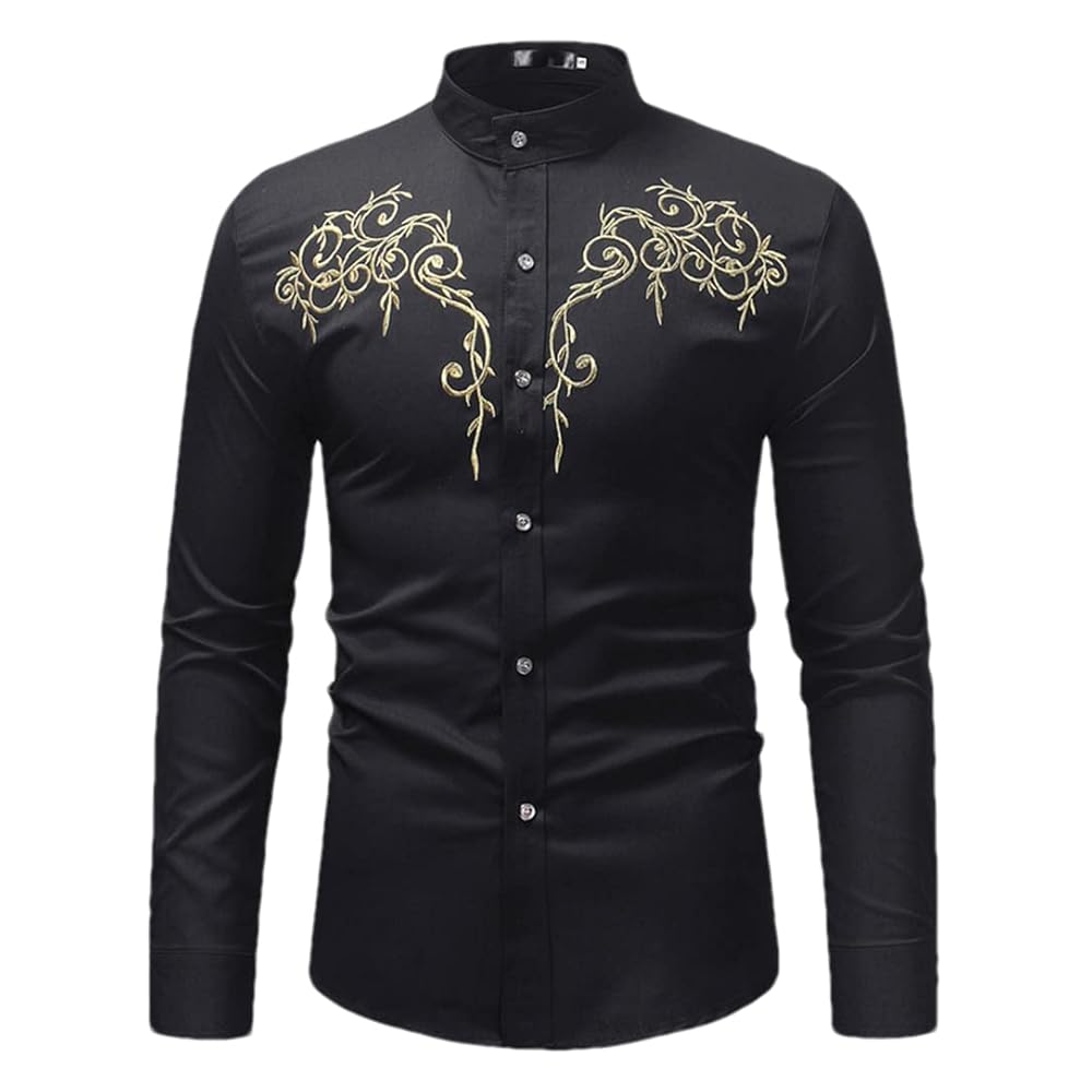 Adhdyuud Men's Long Sleeve Embroidery Dress Shirt Slim Fit
