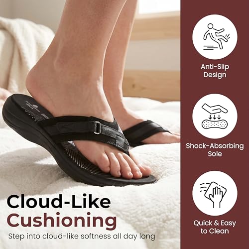 Image of Clarks Womens Breeze Sea Flip-Flop Sandals - Comfortable Flip Flop with Adjustable Hook and Arch Support - Casual Summer Wearing Cloudsteppers for Everyday