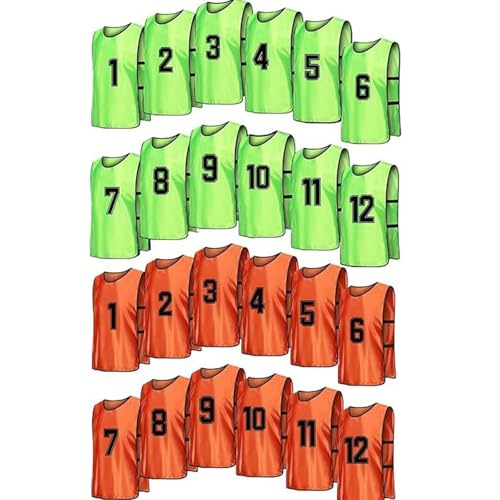 Blissbuilt Paquete de 24 Chalecos de Entrenamiento para Adultos,Petos de fútbol,Chalecos de práctica de Equipo,Camiseta de fútbol de Secado rápido de 2 Colores,Verde/Naranja (con número 1-12)