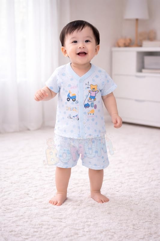 Image of BONUM Baby's Boy's Girl's 100% Cotton Button Shirt with Pyjama Pant Set of 3 New Born Baby Clothes