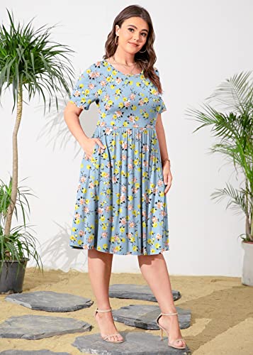 Image of POSESHE Womens Plus Size Summer Dress 2026 Casual Short Sleeve Empire Waist Loose Fit Swing T-Shirt Dress with Pockets