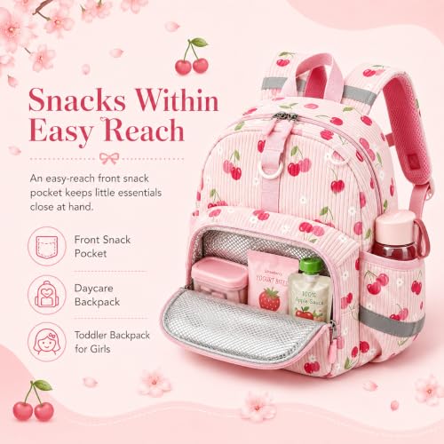 Image of LOIDOU Toddler Backpack for Girls Ages 2-4, 12 Inch Mini Preschool Daycare Bookbag with Insulated Snack Pocket, Corduroy Small Kids Travel Backpack, Pink-cherry